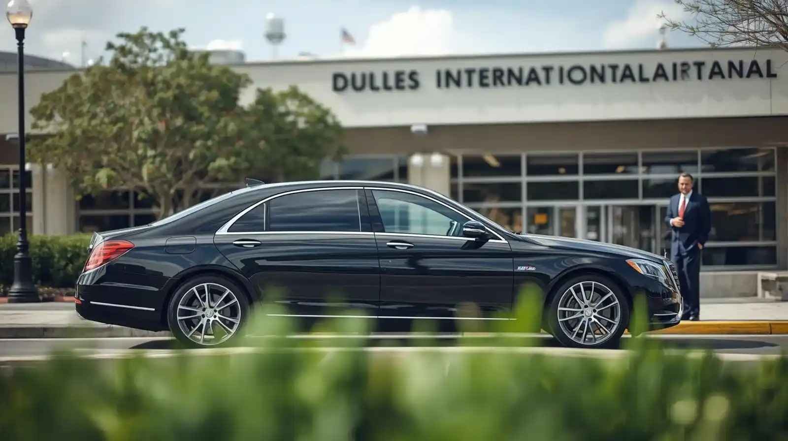 Black sedan waiting outside a Washington DC hotel for a Dulles Airport pickup